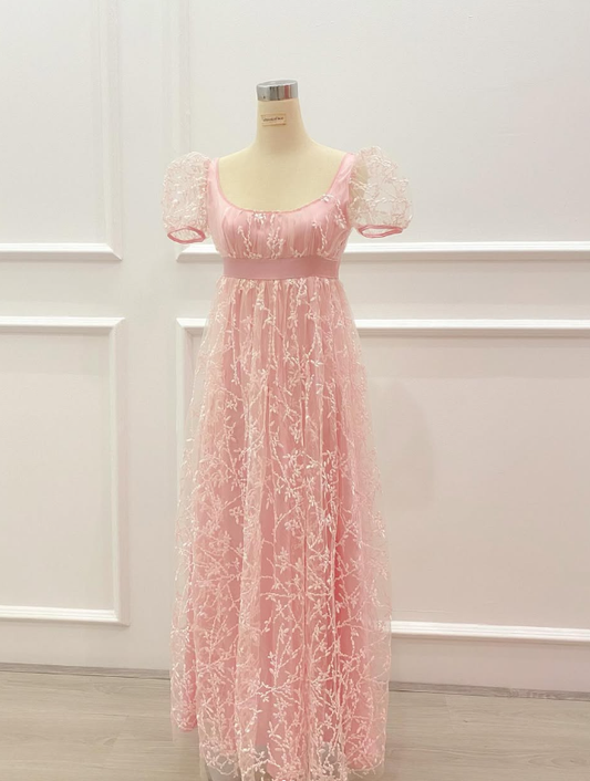 Retro Pink A Line Puff Tulle Long Prom Dress Party Date Dress SH3692