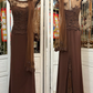 Vintage Brown A Line Round Neck Beaded Lace Chiffon Prom Dress Wedding Guest Dress SH5495