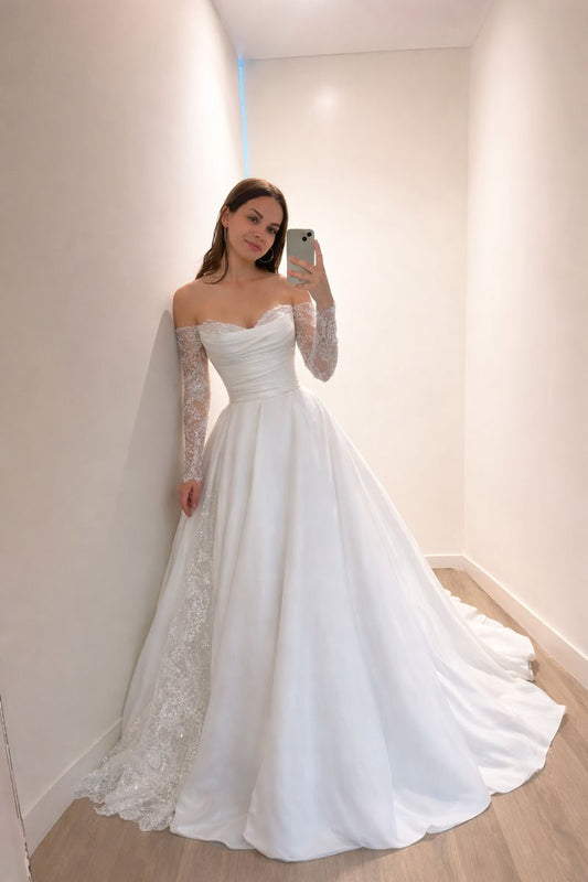Elegant White Ball Gown Exquisite Lace Sleeve Satin Long Wedding Dress SH7689
