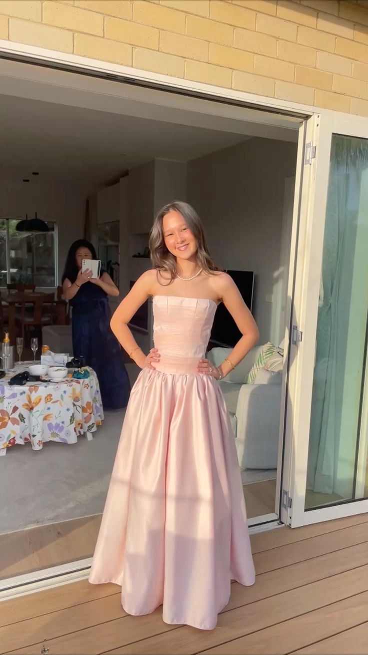 Pink A Line Strapless Corset Tulle Satin Long Prom Dress Evening Dress SH8842
