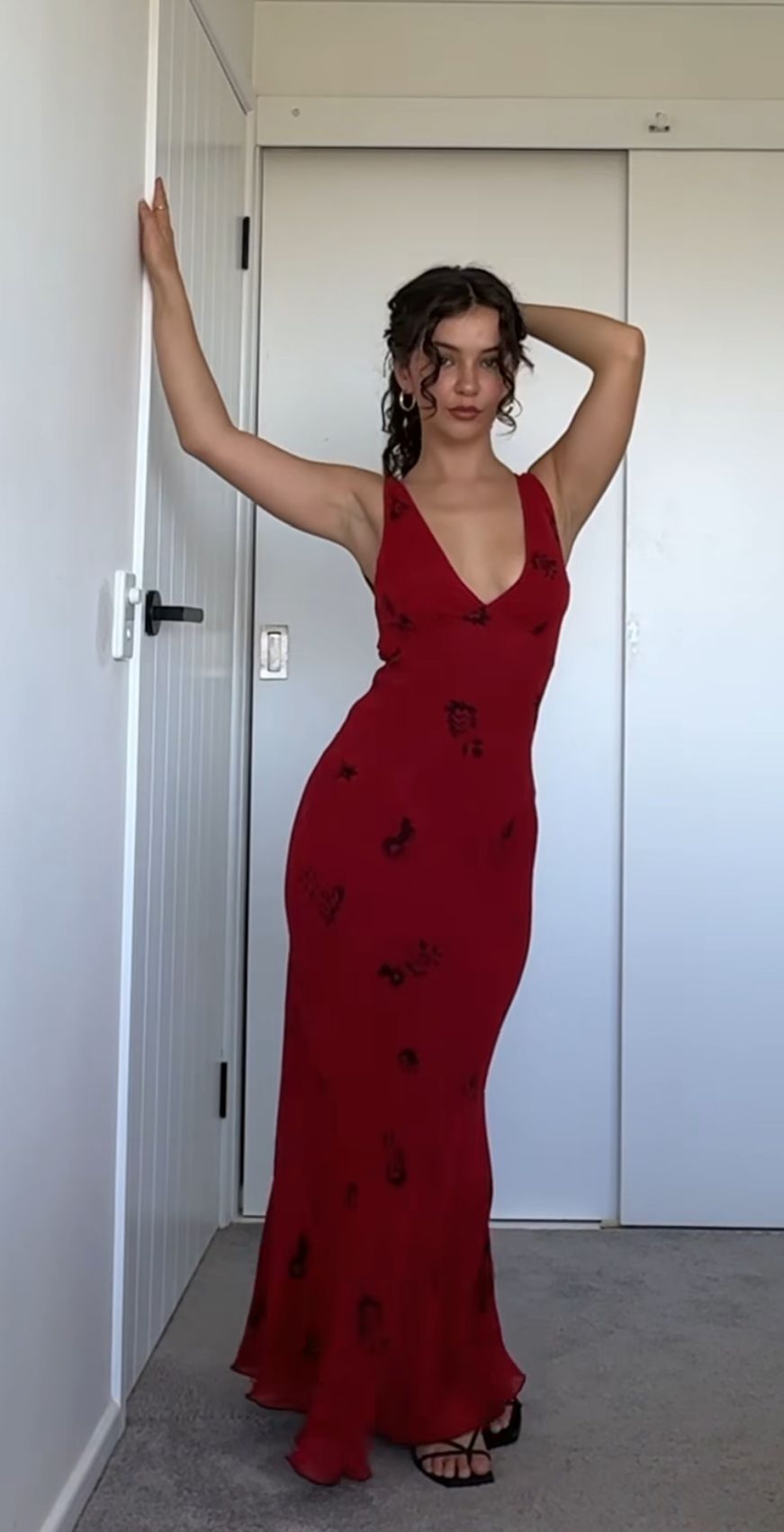 Red Print Sheath V Neck Chiffon Long Prom Dress Evening Dress Outfits SH7252