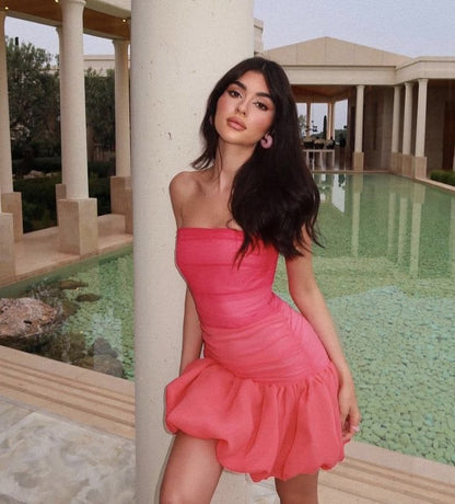 Pink Ombre A Line Strapless Tulle Short Homecoming Dress Mini Dress SH8049