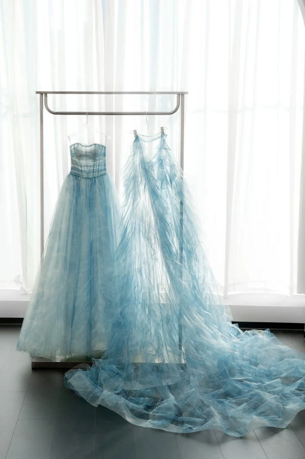 Beaded Blue Satin Tulle Party Dress Retract Your Waist Evening Dress main image 1