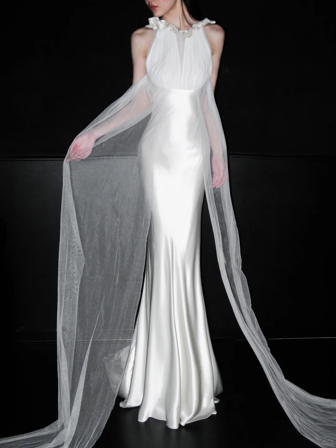 Romantic Mermaid Straps White Satin Tulle Long Wedding Dress SH8930