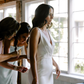 Simple Sheath V Neck White Satin Open Back Wedding Dresses SH4705