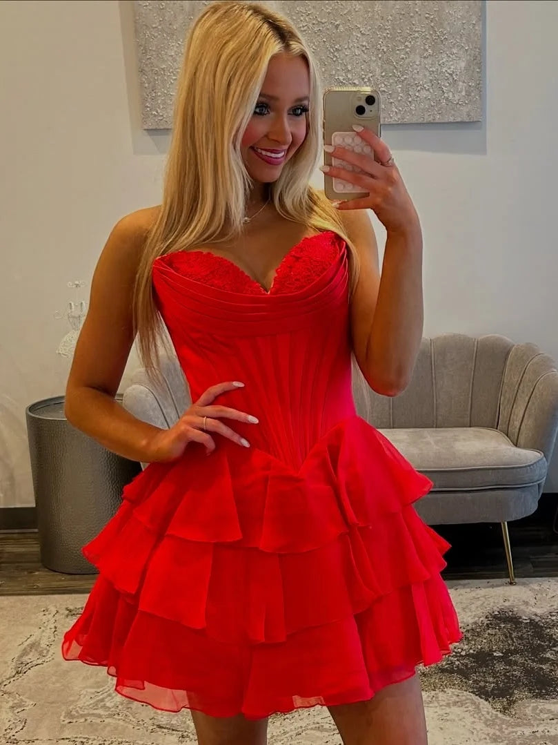 Gorgeous A Line Sweetheart Red Corset Homecoming Dress with Appliques Ruffles SH7537