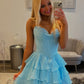 Gorgeous A Line Sweetheart Blue Corset Homecoming Dress with Appliques Ruffles SH7538