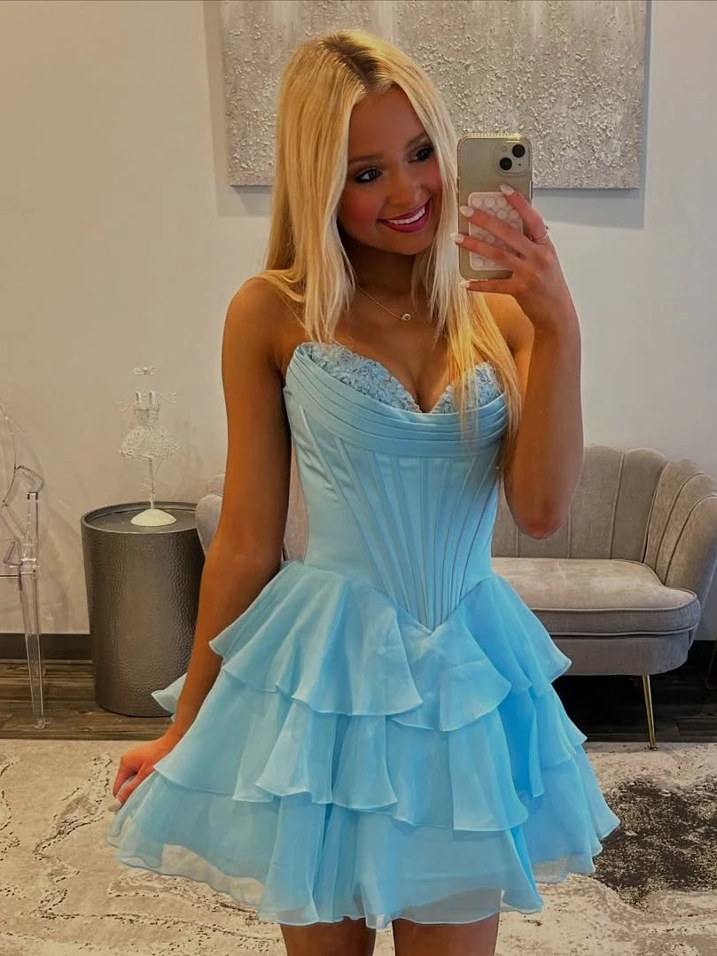Gorgeous A Line Sweetheart Blue Corset Homecoming Dress with Appliques Ruffles SH7538