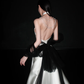 Stunning Black Tulle Bow A Line Halter Pearl White Satin Long Wedding Dress SH5976