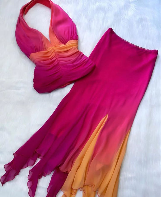 Orange Pink Ombre Mermaid Halter Ruffle Chiffon Homecoming Dress Cocktail Dress Outfits SH3566