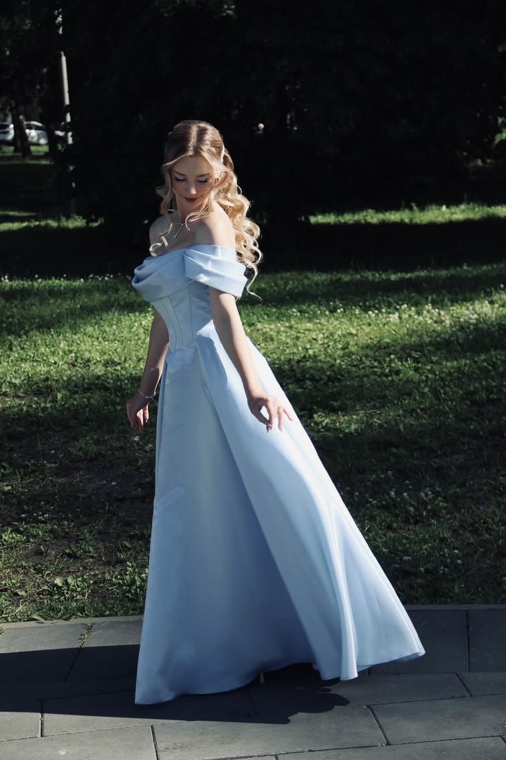Classic Blue Off the Shoulder Satin Long Prom Dress Evening Dress SH6904