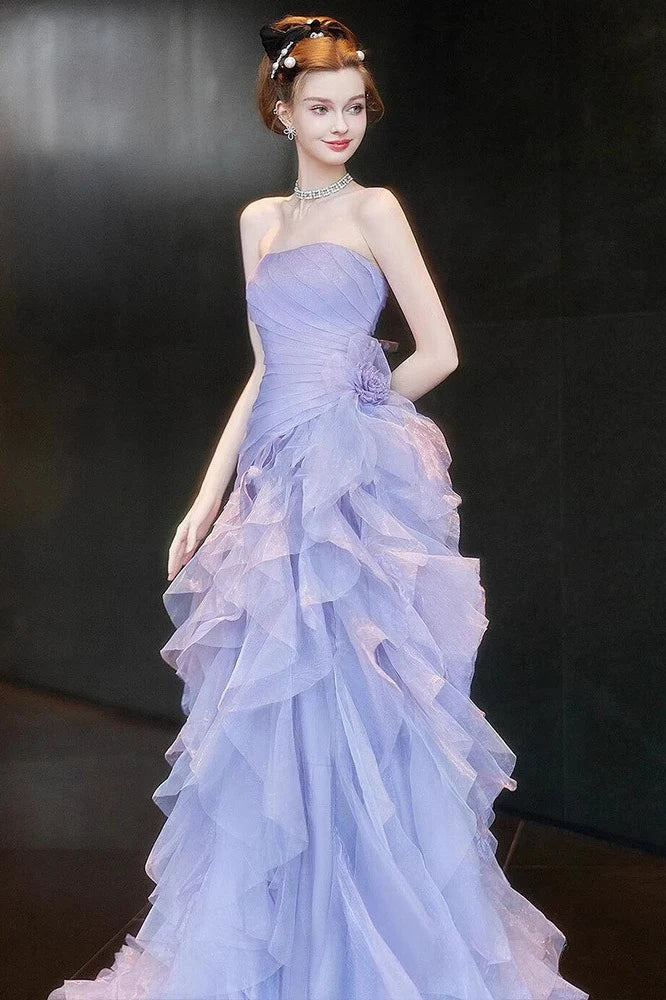 Lilac Ball Gown Strapless Pleated Layered Organza Tulle Long Prom Dress Evening Dress SH7212
