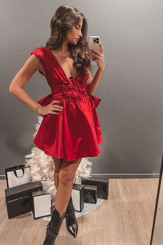 Red Deep V-neck Floral Bow Satin Short Homecoming Dresses SH1637