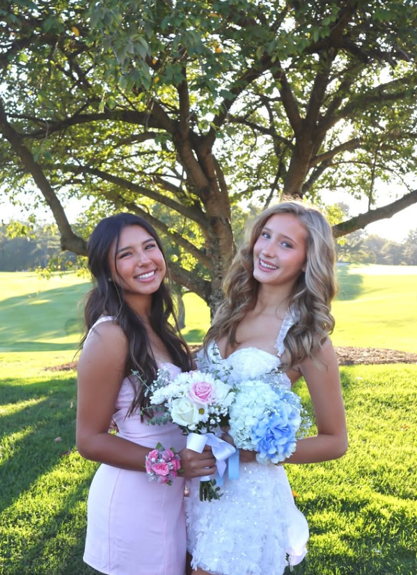 Old Money Homecoming Look Big Blowout Hair White Dress Blue Flowers Classic Elegance SH7455