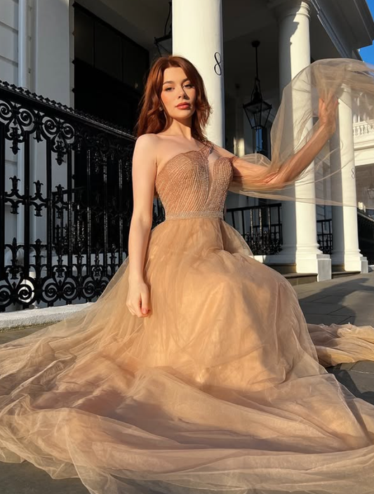 Flowy A Line One Shoulder Beaded Tulle Long Prom Dress Party Dress SH4685