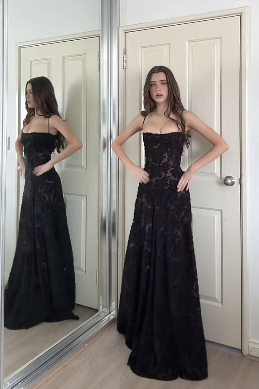 Sexy Black A Line Spaghetti Straps Appliques Chiffon Long Prom Dress Date Dress SH7006