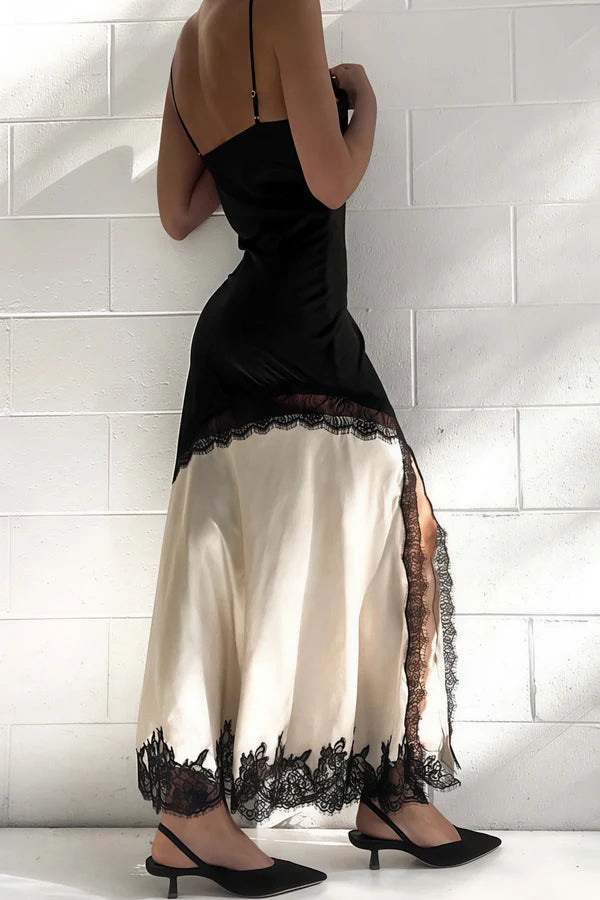 Sexy White-black Mermaid Spaghetti Strap Lace Satin Slit Prom Dress Evening Dress SH5753