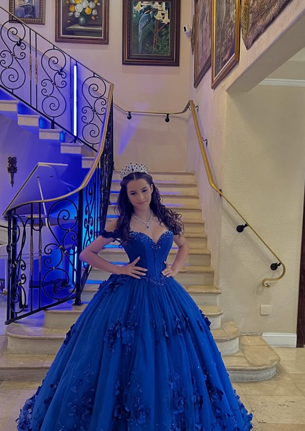 Royal Blue Tulle Beaded Applique Long Prom Dress Quinceanera Dress Ball Gown SH5183