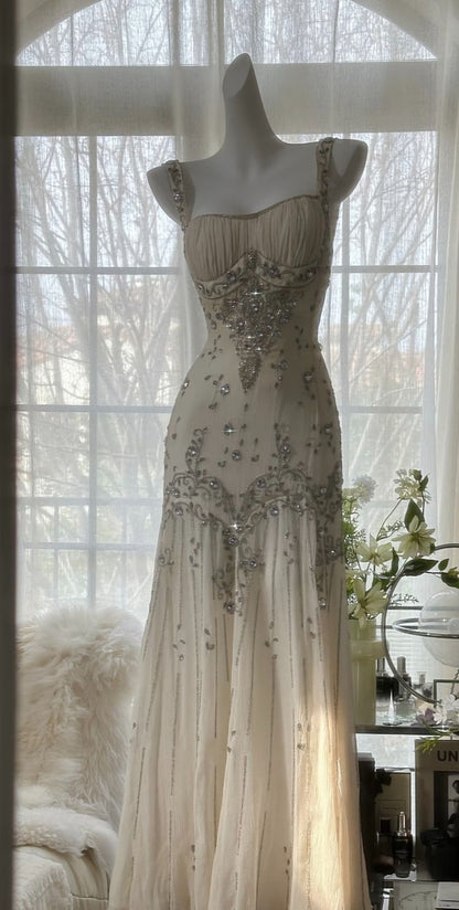 Ivory A Line Straps Beaded Chiffon Long Prom Dress Graduation Prom Dress SH2562