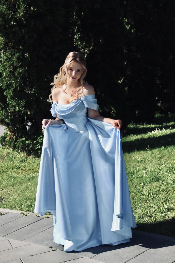 Classic Blue Off the Shoulder Satin Long Prom Dress Evening Dress SH6904