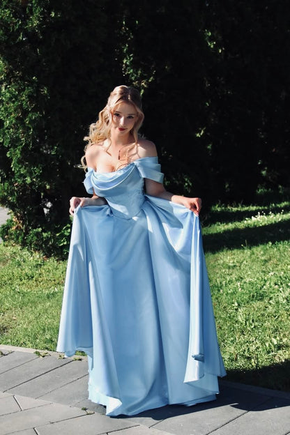 Princess Blue A Line Off the Shoulder Satin Long Prom Dress Evening Dress SH7568