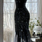 Charming Mermaid Spaghetti Strap Beaded Black Chiffon Prom Dress Evening Dress SH3364
