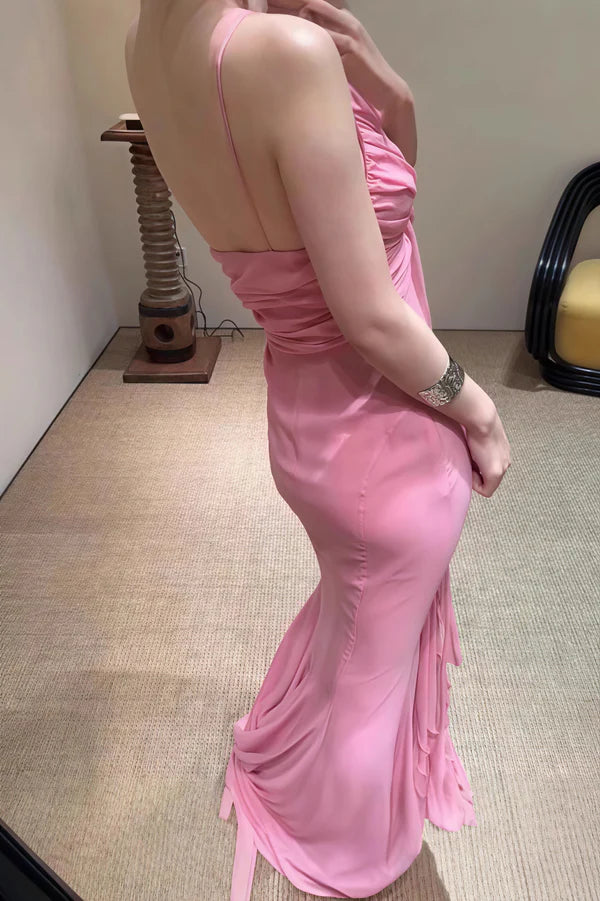 Pink Mermaid Spaghetti Strap Flowy Chiffon Long Prom Dress Evening Dress SH5751