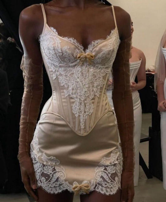 Cute Sheath Spaghetti Straps Lace Satin Short Prom Dress Birthday Dress SH4419