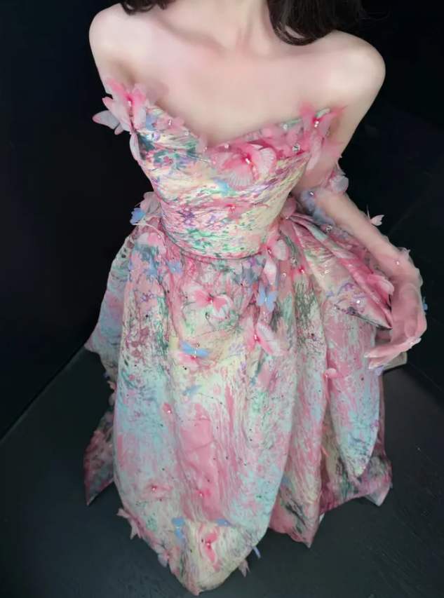Sweety Pink Ball Gown Print Floral Chiffon Prom Dress Quinceanera Dress SH7168