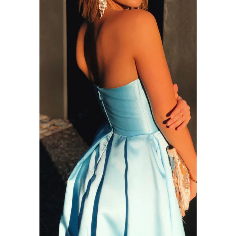 A Line Strapless Light Blue Satin High Split Prom Dress SH1572