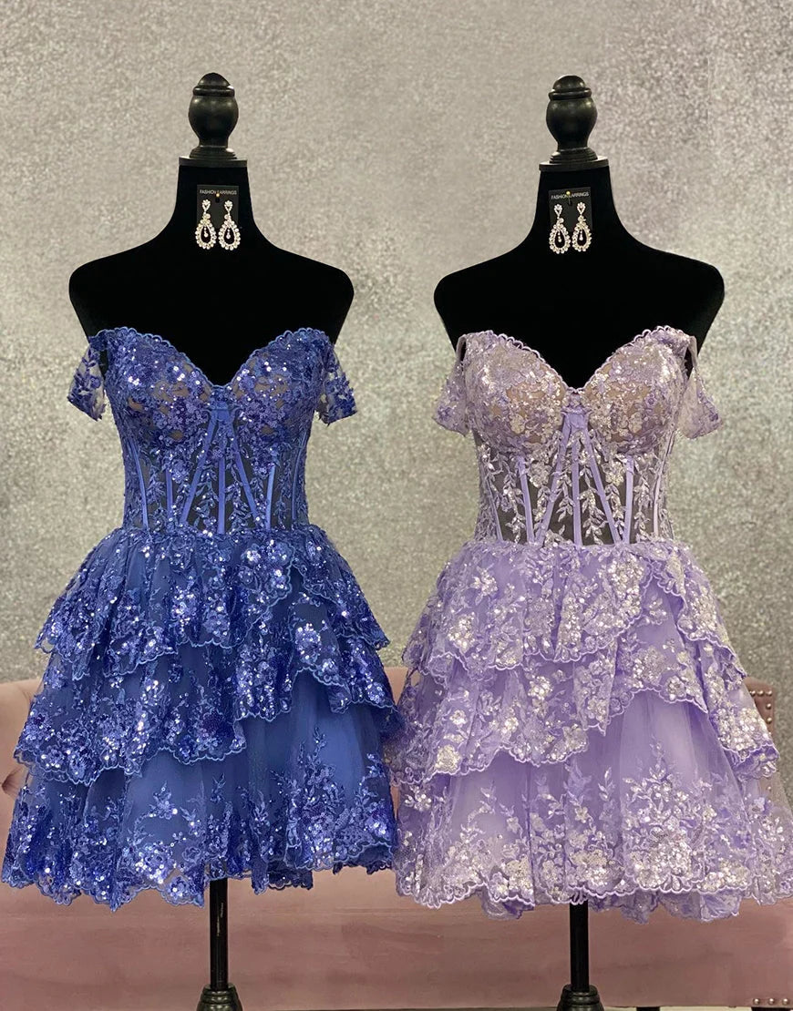 Gorgeous Sparkly Off The Shoulder A-Line Tiered Short Homecoming Dress SH7532