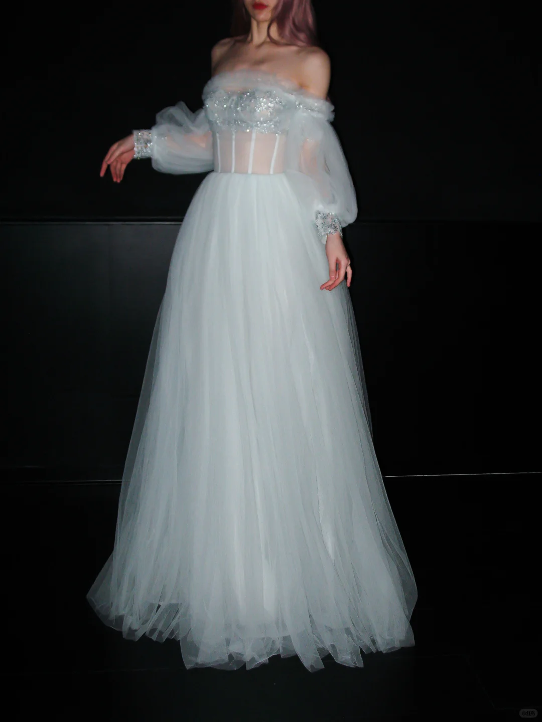 Pretty A Line Puff Sleeve Foggy Blue Tulle Long Prom Dress SH5554