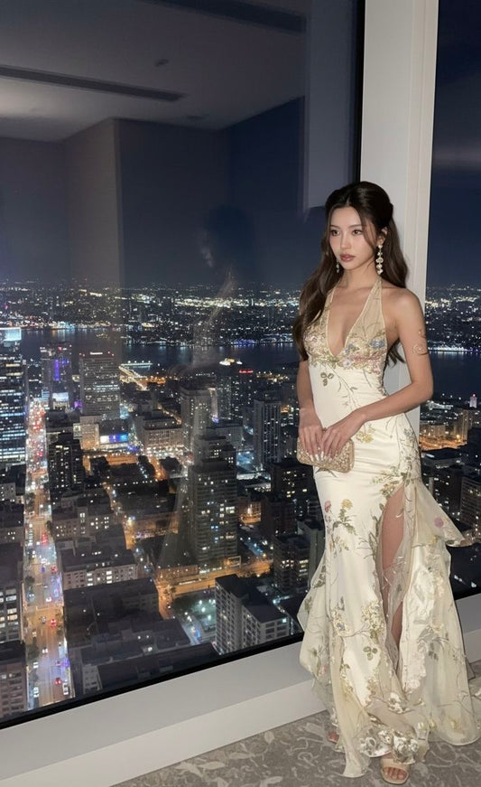 Luxurious Mermaid V Neck Embroidery Floral Satin Prom Dress Evening Dress Date Dress SH5598