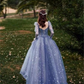 Elegant Blue Tulle Beaded Fairy Ball Gown Long Prom Dress Quinceanera Dress  SH1028
