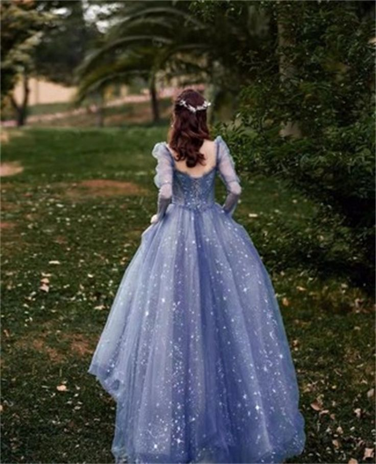 Elegant Blue Tulle Beaded Fairy Ball Gown Long Prom Dress Quinceanera Dress  SH1028