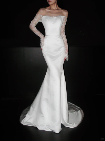 Graceful Mermaid Long Sleeve White Lace Satin Long Wedding Dress SH5869