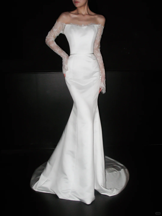 Graceful Mermaid Long Sleeve White Lace Satin Long Wedding Dress SH5869