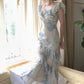 Gentle Mermaid Strap Print Flower Blue Chiffon Party Dress Evening Dress SH2869