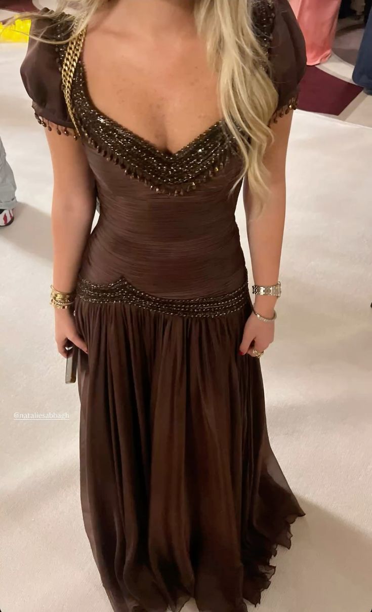 Dark Brown A Line Short Sleeve Beaded Chiffon Long Prom Dress Evening