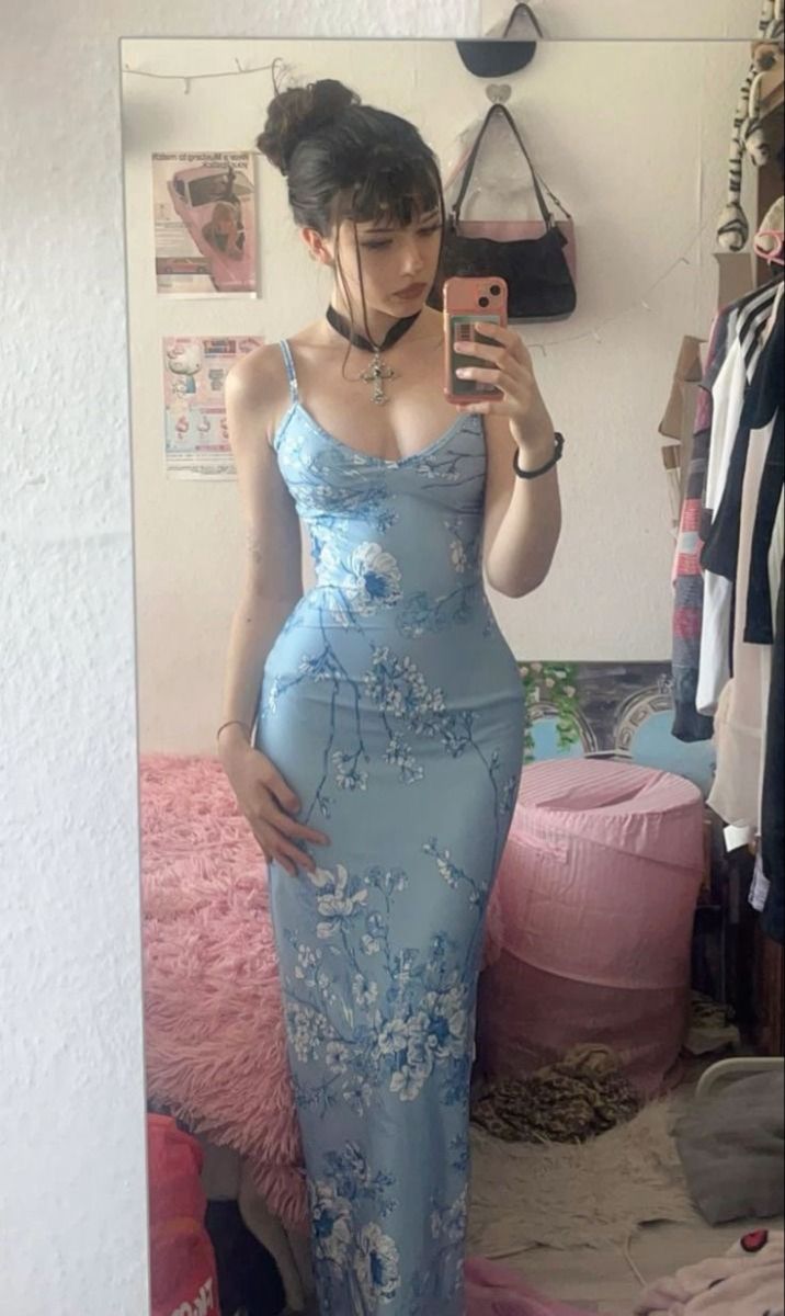 Blue Print Floral Sheath Spaghetti Strap Satin Long Prom Dress Evening Dress SH8444