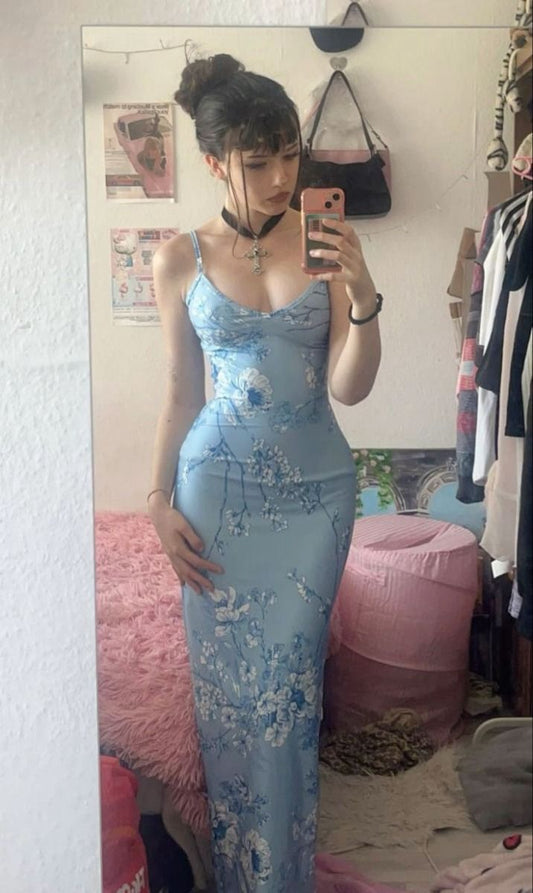 Blue Print Floral Sheath Spaghetti Strap Satin Long Prom Dress Evening Dress SH8444