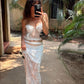 White Sheath Sweetheart Neck Lace Two Piece Evening Dress Outfit with Slit SH1762