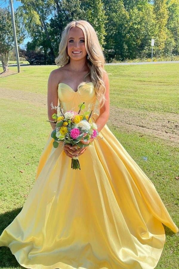 Yellow A Line Sweetheart Corset Satin Prom Dress SH1594