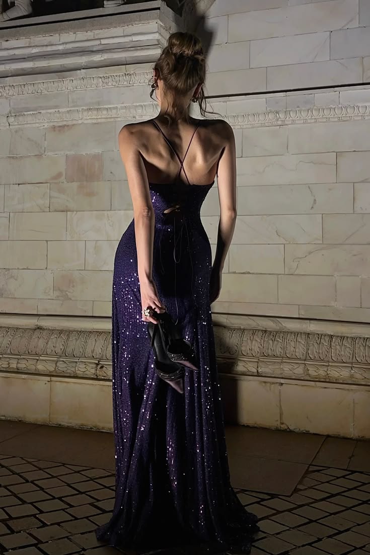 Shiny A Line Straps Dark Purple Sequin Prom Dress with Slit SH5518