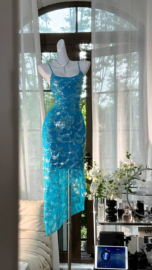 Stunning Sheath Spaghetti Straps Sequin Blue Chiffon Party Dress Evening Dress SH3324