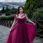 Jewel Cerise A Line Spaghetti Straps Sequin Tulle Long Prom Dress Date Dress SH7014