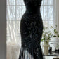 Charming Mermaid Spaghetti Strap Beaded Black Chiffon Prom Dress Evening Dress SH3364
