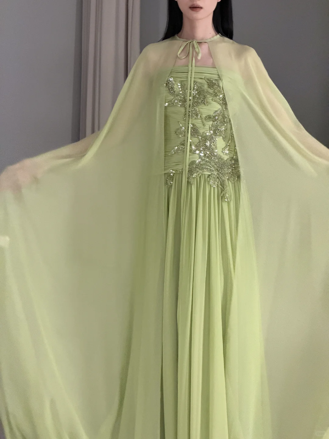 Fresh Green A Line Strapless Beaded Chiffon Long Prom Dress Wedding Guest Dress SH7713