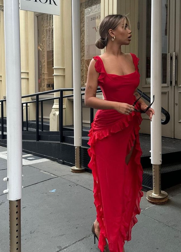 Red Chiffon Prom Dress Long Ruffle Party Dress Evening Dress SH895