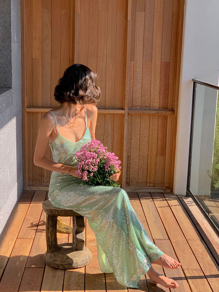 Shiny Sheath Spaghetti Strap Green Sequin Open Back Party Dress Evening Dress SH2877